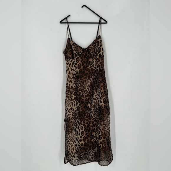 Afternoon Shop Leopard Animal Print Bandeau Side Slits Slip Midi Slinky Dress - Picture 2 of 11